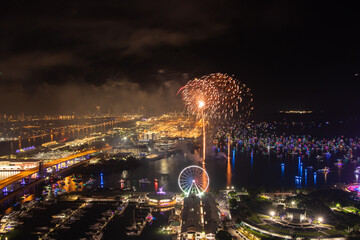 Miami Night Celebration with Fireworks Over Bayfront Park and Marina