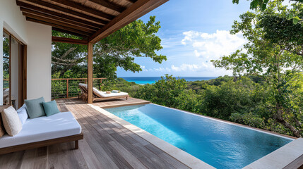 Luxurious private sundeck features plunge pool and stunning sea view, perfect for relaxation