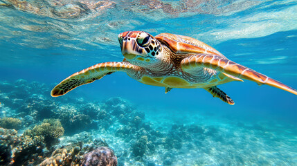 Fototapeta premium Swimming sea turtle gliding gracefully through clear water above vibrant coral reef
