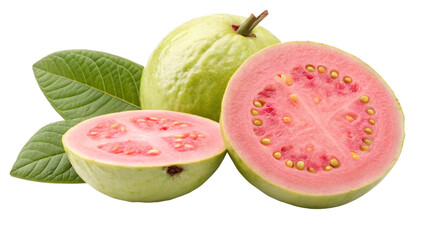 Fresh guava fruit whole and cut in half showing pink flesh and seeds healthy eating and tropical fruit