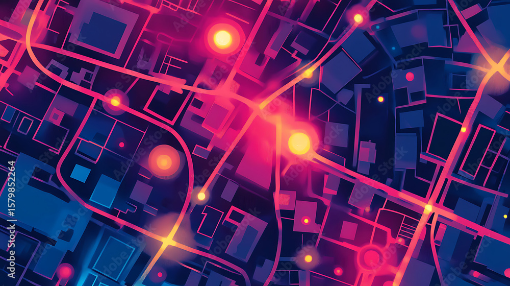 Poster a city map with many lights on it. the lights are in different colors and are scattered all over the