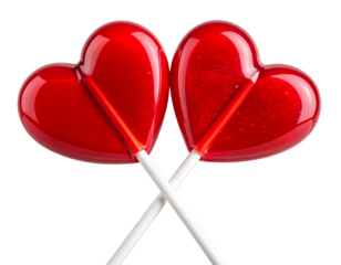  Two red heart lollipops crossed with white sticks, front view isolated on transparent background PNG