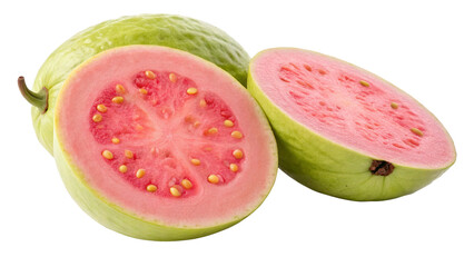 Fresh guava fruit whole and halved with pink flesh healthy eating tropical fruit still life...