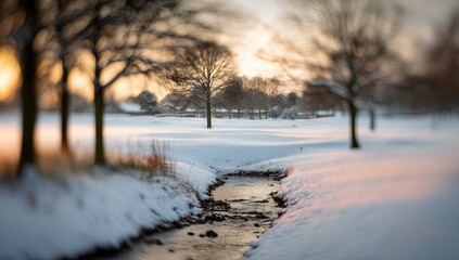 Serene winter sunrise over snow-covered landscape with a stream
