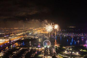 Miami Night Celebration with Fireworks Over Bayfront Park and Marina