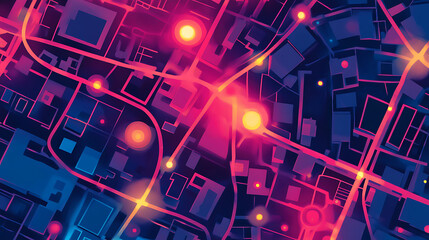 A city map with many lights on it. The lights are in different colors and are scattered all over the map. The map is in a purple and blue color scheme