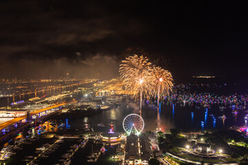 Miami Night Celebration with Fireworks Over Bayfront Park and Marina