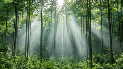Fototapeta premium Sunlight filtering through dense pine forest creates serene atmosphere in morning