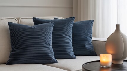 Luxurious Navy Blue Pleated Throw Pillows on a Light Beige Sofa
