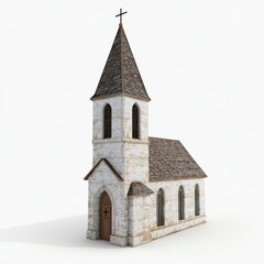 Fototapeta premium Charming Small White Church with Steeple and Cross on Roof