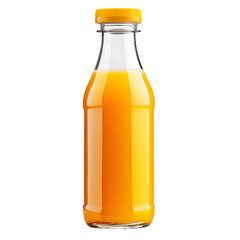 A clear glass bottle filled with vibrant orange juice and a bright yellow cap isolated on transparent background