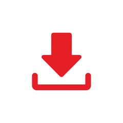 Red download icon illustration on a white background, featuring an arrow graphic