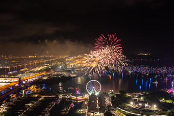 Miami Night Celebration with Fireworks Over Bayfront Park and Marina