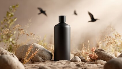 Matte black bottle amidst desert flora, rocks, and flying birds; soft lighting