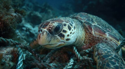 Obraz premium Close-Up View of a Sea Turtle Entangled in Marine Debris Underwater in a Vibrant Coral Reef Environment