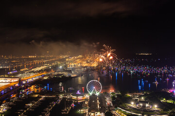 Miami Night Celebration with Fireworks Over Bayfront Park and Marina