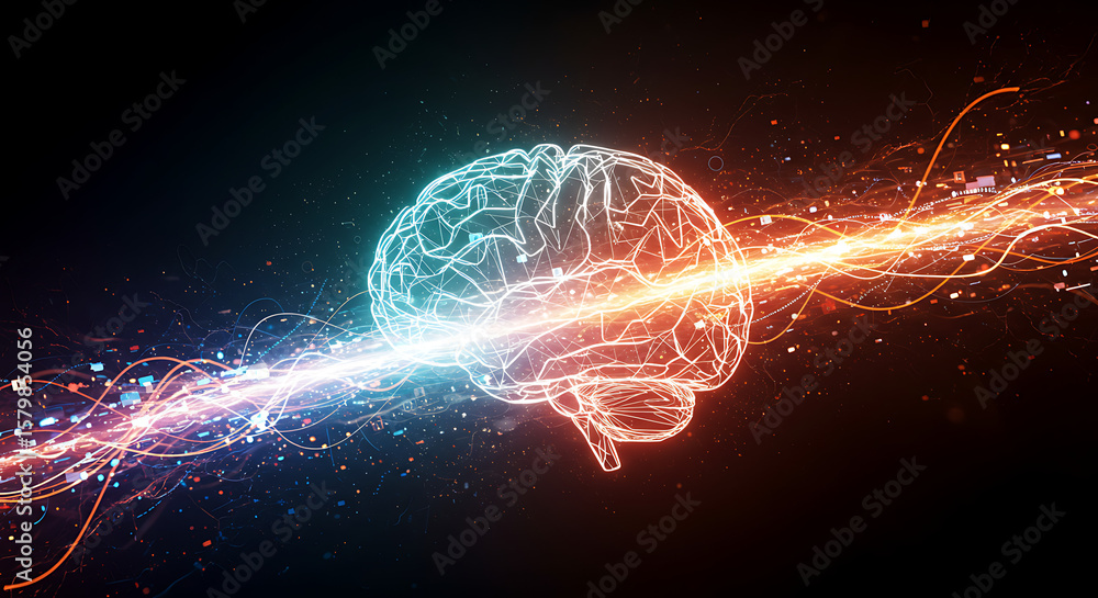 Poster glowing brain outline with energy stream against a dark background with small geometric shapes ai ge