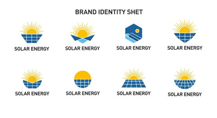 Clean Energy Logo Collection Solar Power Icons for Sustainable Branding and Environmentally Friendly Business Initiatives, featuring radiant sun and photovoltaic panels.