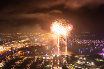 Miami Night Celebration with Fireworks Over Bayfront Park and Marina