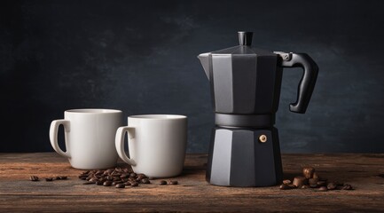 A dark-grey stovetop espresso maker sits on a rustic wooden table next to two white mugs and scattered coffee beans, against a dark background