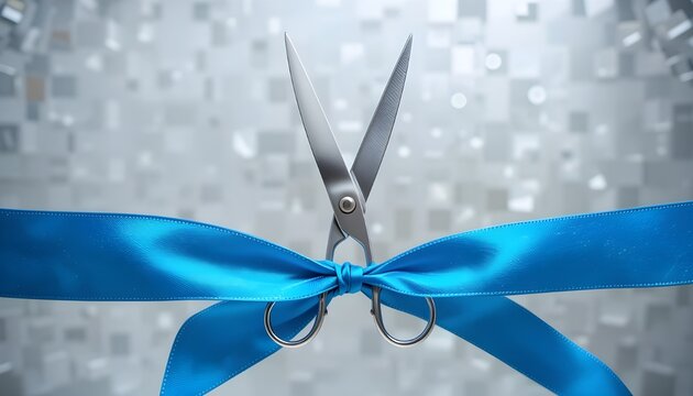 Scissors cutting a blue ribbon against a blurred silver background in a close up studio shot
