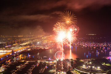 Miami Night Celebration with Fireworks Over Bayfront Park and Marina