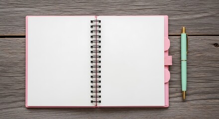 Pink Notebook and Mint Pen on Rustic Wood Surface, Top-Down View