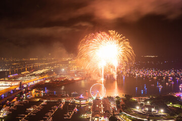 Miami Night Celebration with Fireworks Over Bayfront Park and Marina
