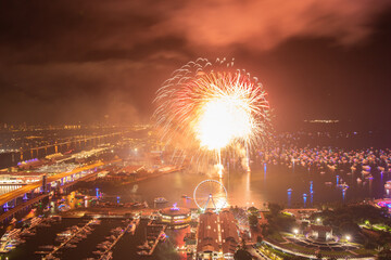Miami Night Celebration with Fireworks Over Bayfront Park and Marina