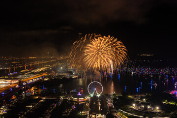 Miami Night Celebration with Fireworks Over Bayfront Park and Marina
