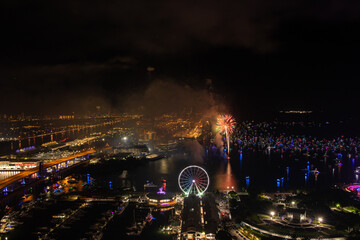 Miami Night Celebration with Fireworks Over Bayfront Park and Marina