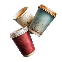 Three used coffee cups with stains and lids on a transparent background showing waste