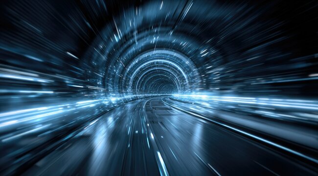 A digital artwork depicting a speeding POV through a futuristic, glowing blue tunnel.  The perspective creates a sense of intense speed and movement, with streaks of light blurring the background