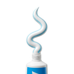 A perfectly squeezed ribbon of fresh, blue and white striped toothpaste gracefully emerges from its tube, standing upright against a pristine white background