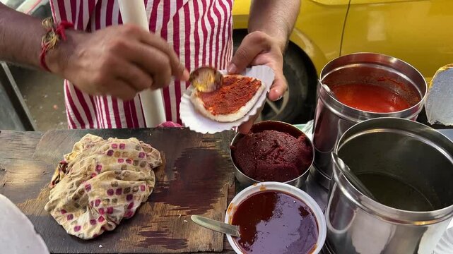 Close up shot of an Indian man making Vada paw in the streets of India 