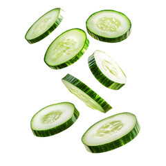 Fresh green cucumber slices falling and floating in mid air isolated on transparent background