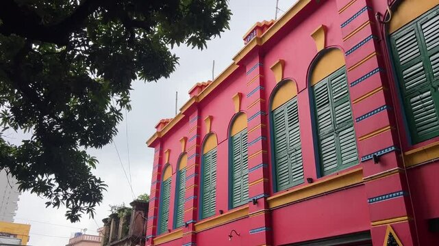 Red colored Zamindar home in the city of Kolkata, India. 