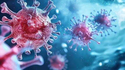 Three red and blue viruses floating in a blue and white liquid with a blue background.