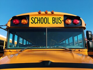 Bright yellow school bus front with clear blue sky transportation vehicle