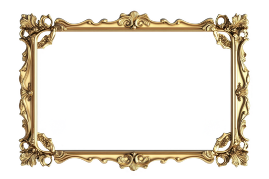 Baroque-style golden picture frame with intricate scroll work and a transparent center
