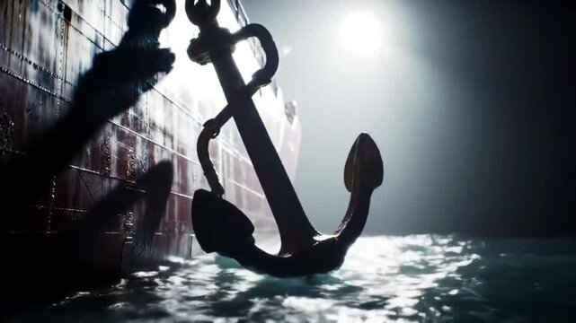 A ship's anchor is being lowered into the sea, sighted against bright flight. The scene captures a dramatic maritime moment beside a large cargo vessel
