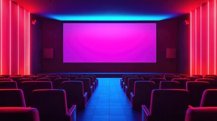 A dimly lit movie theater with rows of seats and a large screen in the center, illuminated by neon lights.