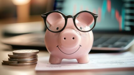A pink piggy bank with a pair of glasses on top, sitting on a stack of coins and a piece of paper with a blurred financial graph