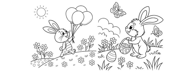 bunny painting easter egg and some flowers, coloring page ready to print on standard 8.5x11 inch paper. eps file.