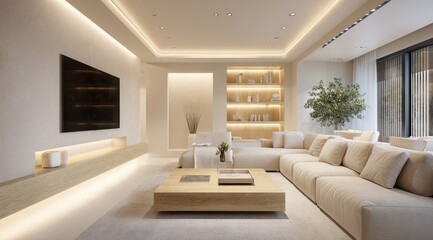 Minimalist living room with neutral tones, recessed lighting, built-in shelving, and a large sectional sofa.  The room features a contemporary design with subtle warm lighting and clean lines
