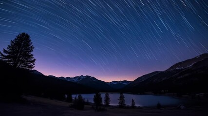 Star Trails Over Mountain Lake at Dusk in Time-Lapse View. Long-exposure
- Powered by Adobe