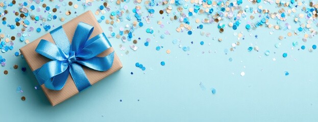 A tan gift box with a bright blue ribbon sits on a light blue background scattered with confetti