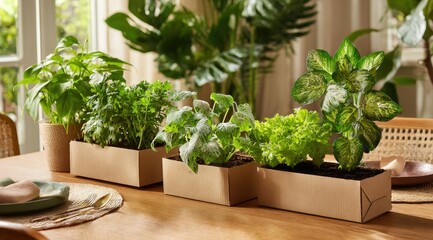 Three rectangular cardboard planters, each containing various herbs and leafy greens, sit on a wooden dining table in front of a window, surrounded by lush indoor plants