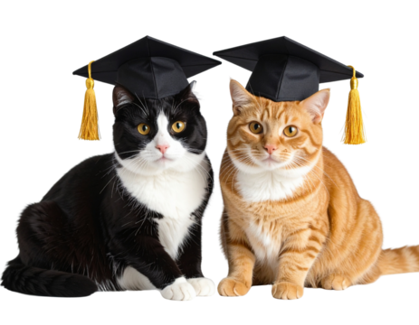 Two adorable cats wearing gold graduation caps, black and white tuxedo cat and orange tabby, academic theme, pet celebration, transparent background PNG