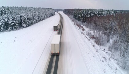 Fototapeta premium Snowy highway with trucks